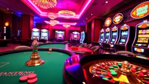 A thrilling gaming scene at Hi88 red featuring poker chips and roulette tables.