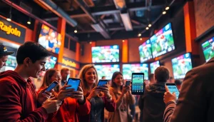 Enthusiastic bettors exploring the best sports betting sites for Mexico in a vibrant sports bar setting.