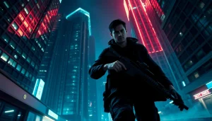 Stunning action thriller scene depicting a lone hero in an urban landscape at night.