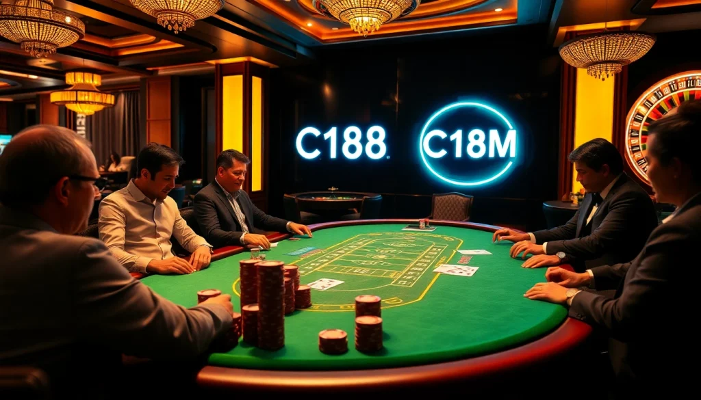 Experience high-stakes poker at C168 COM's exhilarating casino atmosphere, featuring vibrant chips and cards.