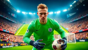 Jordan Pickford showcasing his skills during a match at https://diknews.co.uk/jordan-pickford/ in a dynamic stadium scene.