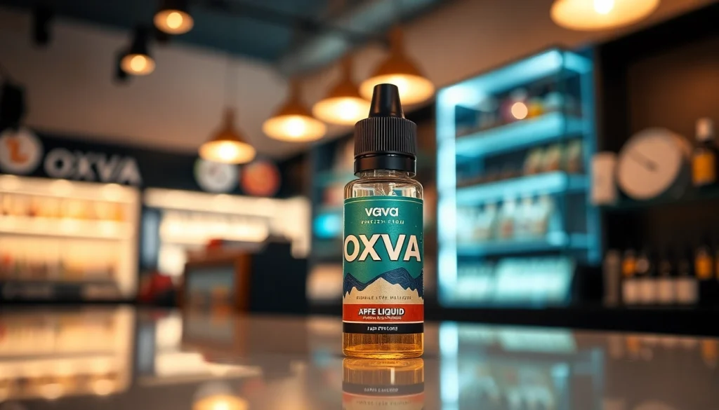 Erleben Sie Oxva Liquid in einer eleganten Vape-Flasche auf einem reflektierenden Hintergrund.