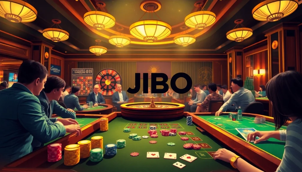 JBO players enjoying diverse games at a vibrant casino featuring cards, chips, and roulette.