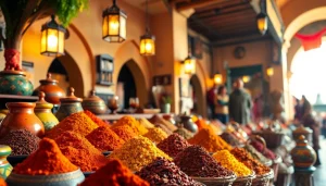 Visit Morocco's vibrant market showcasing colorful spices and artisan crafts.