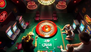 Experience the thrill with nhà cái c168 at an online casino table, featuring engaging players and vibrant poker chips.