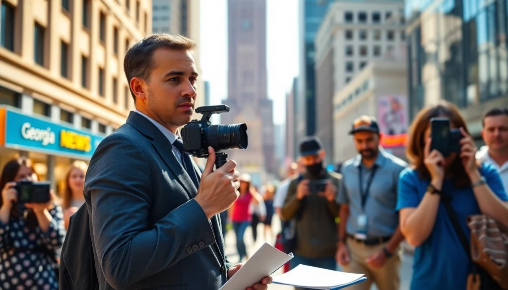 The Georgia Sun highlights a journalist reporting live in Georgia's dynamic urban scenery.