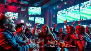 스포츠중계를 즐기는 팬들이 열광하는 장면을 보여줍니다.