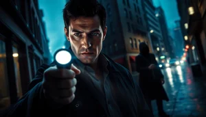 Engaging clean thriller scene showcasing a detective's intense confrontation in a dramatic urban setting.