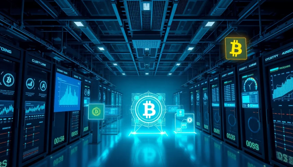 Innovative cloud mining facility showcasing advanced technology and cryptocurrency interfaces.