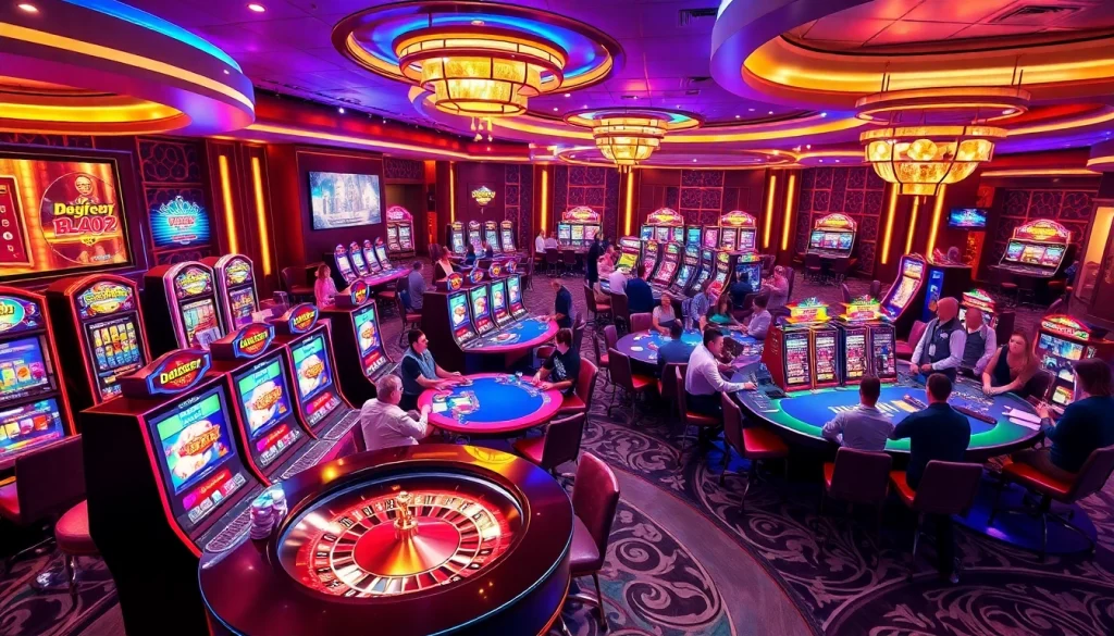 Experience the vibrant gambling world of KJC AC 1 with players enjoying casino tables and slot machines.