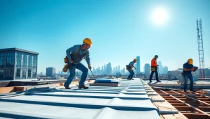 Team applying commercial roofing services on a building, showcasing modern materials and techniques.