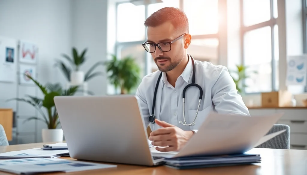 Engaging healthcare consultant at https://www.medexdtc.com with digital interface and medical documents.