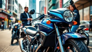 Motorrad verkaufen: Glänzendes Motorrad im urbanen Umfeld beleuchtet für Verkaufsaktivitäten.