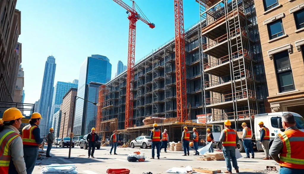 Engaged team of New York City Commercial General Contractors working on a large project in an urban environment.