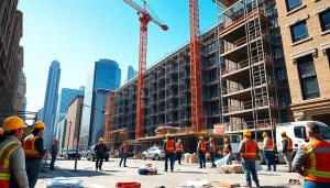 Engaged team of New York City Commercial General Contractors working on a large project in an urban environment.