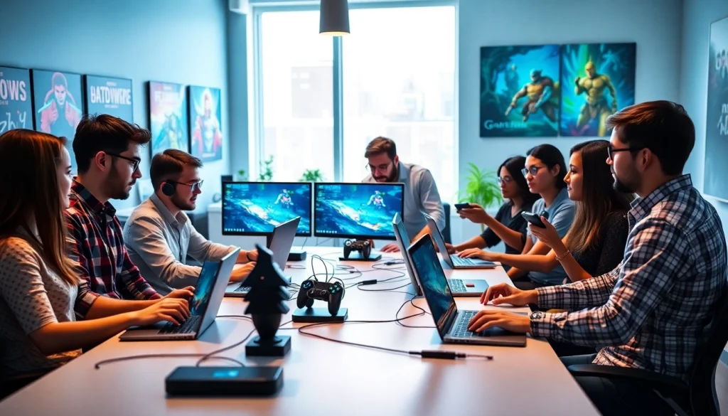 Game QA studio team actively collaborating on game testing in a modern workspace.