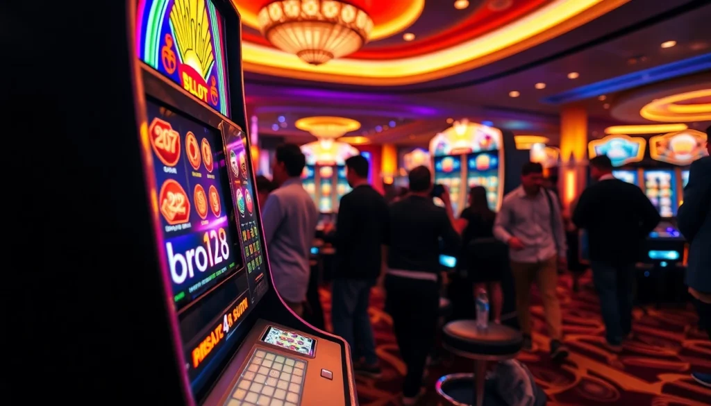 Membagikan pengalaman bermain bro138 slot dengan suasana kasino yang meriah dan mesin slot modern.