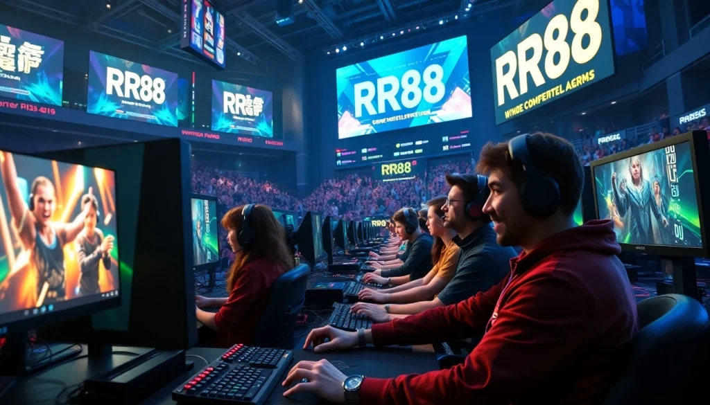 Gamers competing fiercely in RR88 at a vibrant and energetic arena