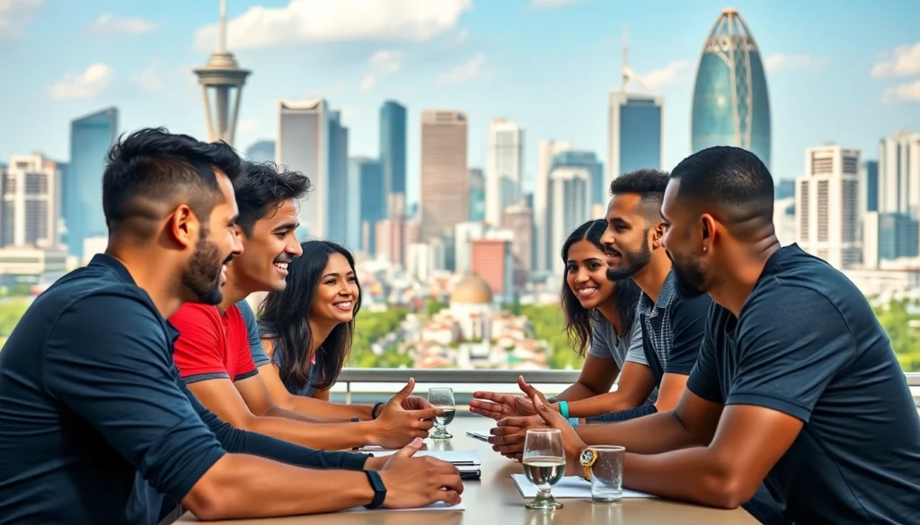 Engaged professionals discussing sports betting in Brazil strategy in a dynamic urban setting.