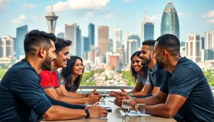 Engaged professionals discussing sports betting in Brazil strategy in a dynamic urban setting.