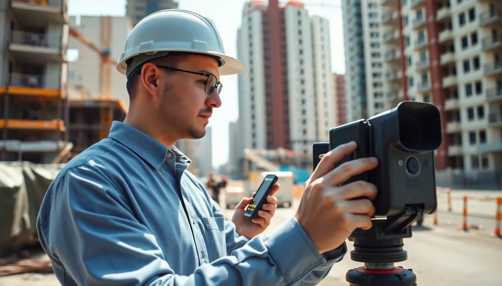 Conducting a noise impact assessment with measuring tools and urban background.