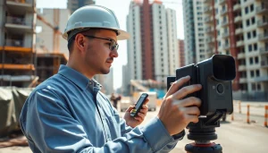 Conducting a noise impact assessment with measuring tools and urban background.
