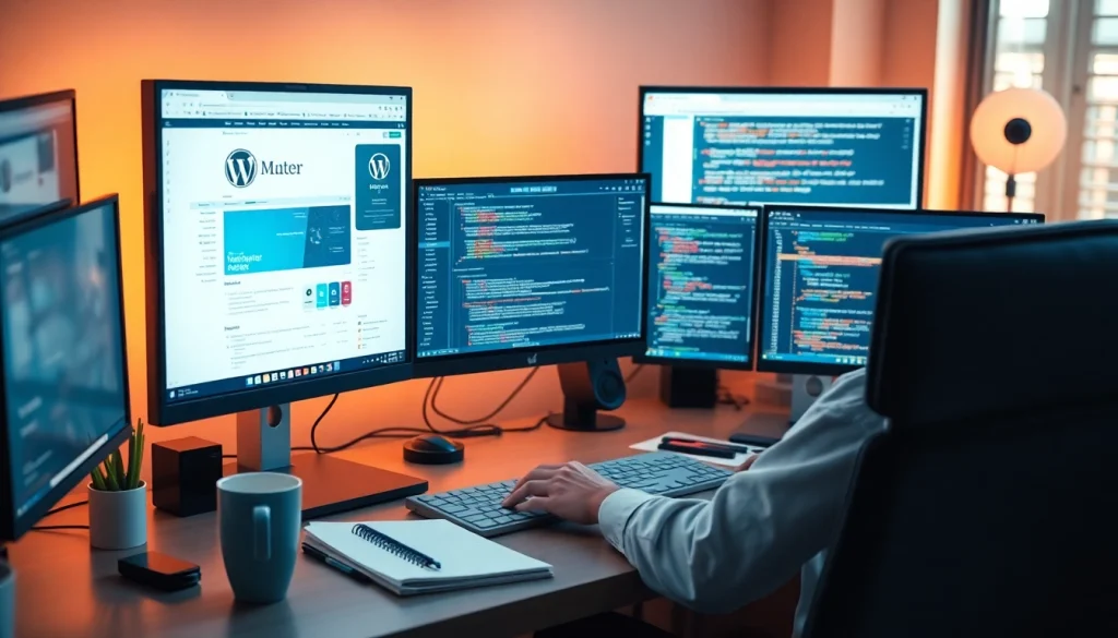 Enhance unlimited wordpress tasks with a focused web developer engaging with multiple screens.