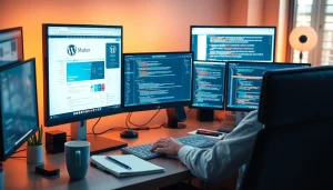 Enhance unlimited wordpress tasks with a focused web developer engaging with multiple screens.