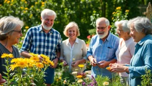 Engaging scene of seniors in a community garden, reflecting the vibrant life of https://frontidas.com.