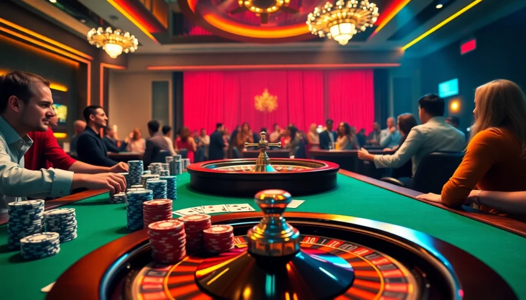 Experience the thrill of MM88 with players at a poker table competing for high stakes, surrounded by vibrant casino graphics.