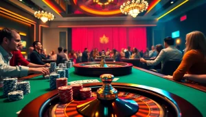 Experience the thrill of MM88 with players at a poker table competing for high stakes, surrounded by vibrant casino graphics.