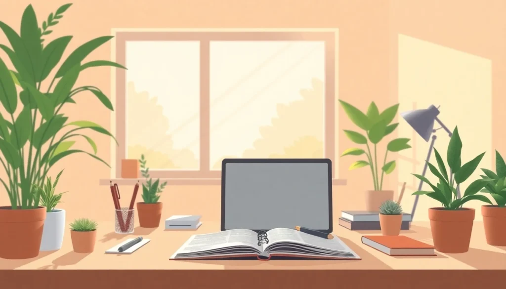 Enhance your creativity at https://www.ound-ound.com with a serene workspace illustration.