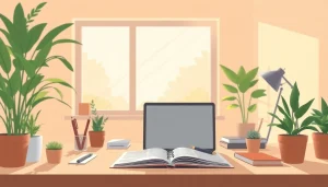 Enhance your creativity at https://www.ound-ound.com with a serene workspace illustration.