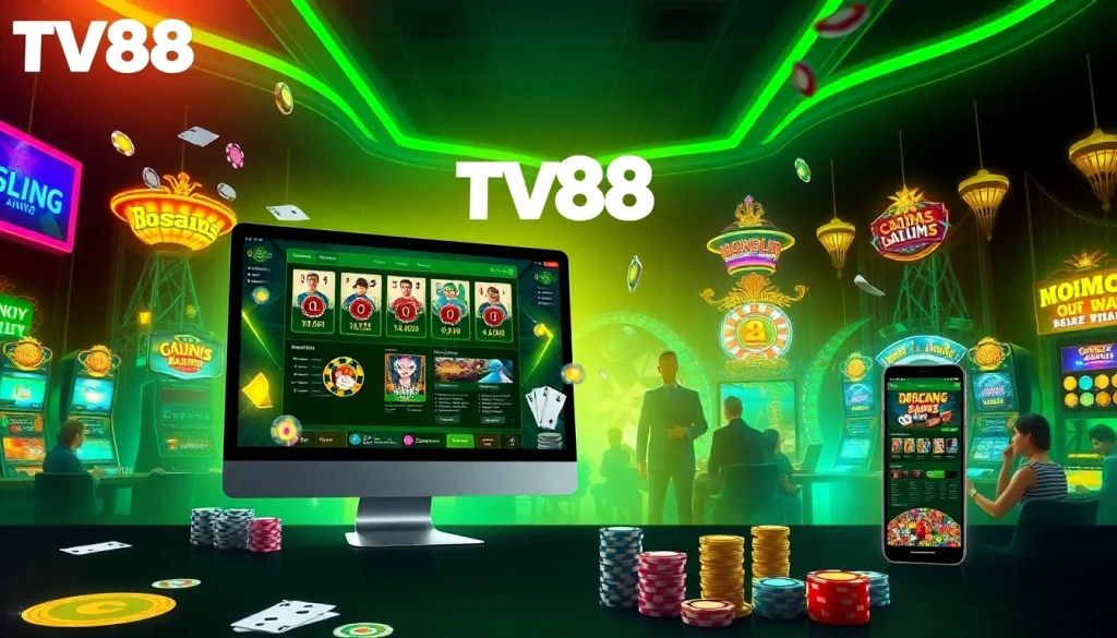 TV88 online gaming platform showcasing diverse players enjoying various casino games in a stylish, modern interface.