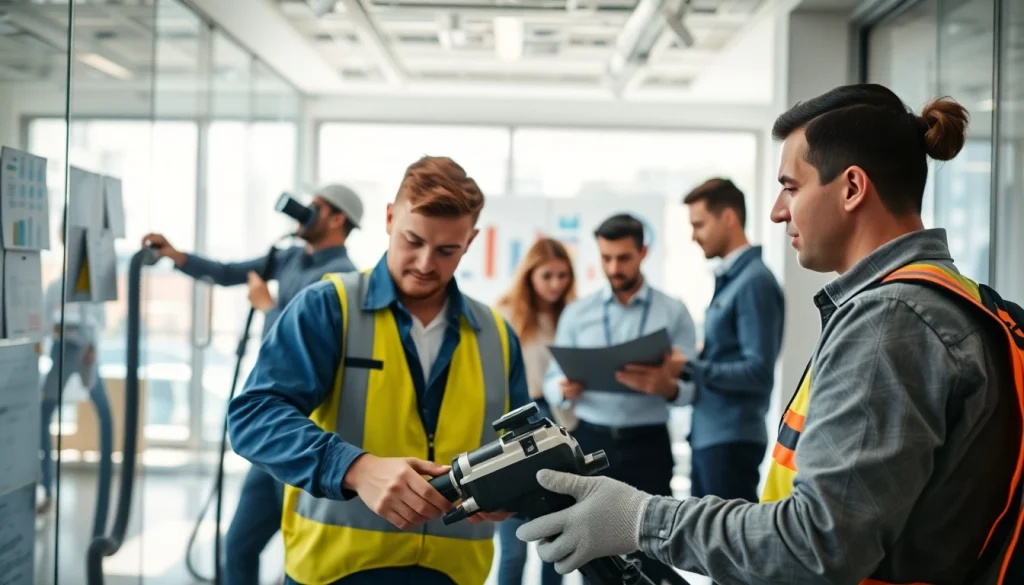 Optimale Gebäudedienste von https://nm-gebäudeservice.de in einem modernen Büro. Reinigungsteam arbeitet engagiert.