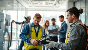 Optimale Gebäudedienste von https://nm-gebäudeservice.de in einem modernen Büro. Reinigungsteam arbeitet engagiert.