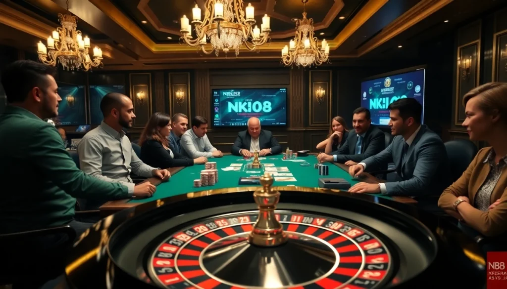 Experience thrilling gameplay at https://nk88.us.com/ with a luxurious casino scene featuring poker action.