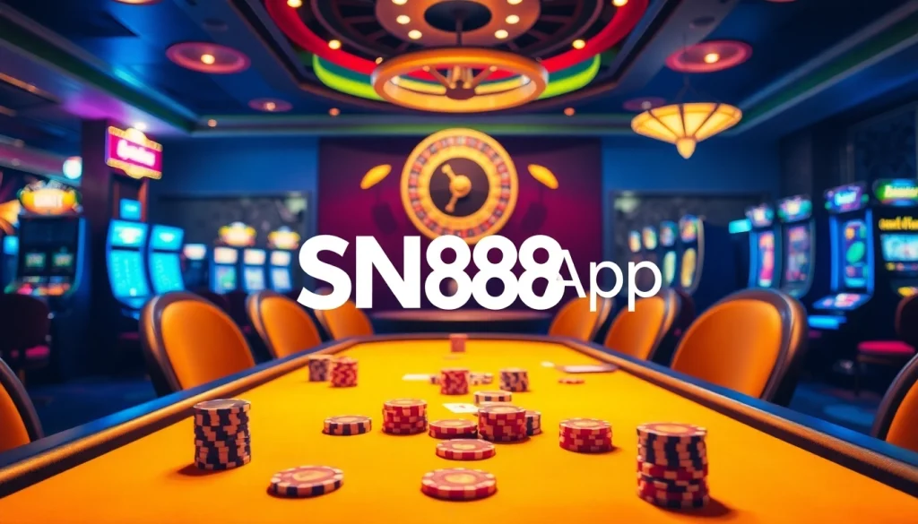 Experience the thrilling atmosphere of the SN888 App with vibrant casino visuals featuring poker, roulette, and slot machines.