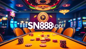 Experience the thrilling atmosphere of the SN888 App with vibrant casino visuals featuring poker, roulette, and slot machines.