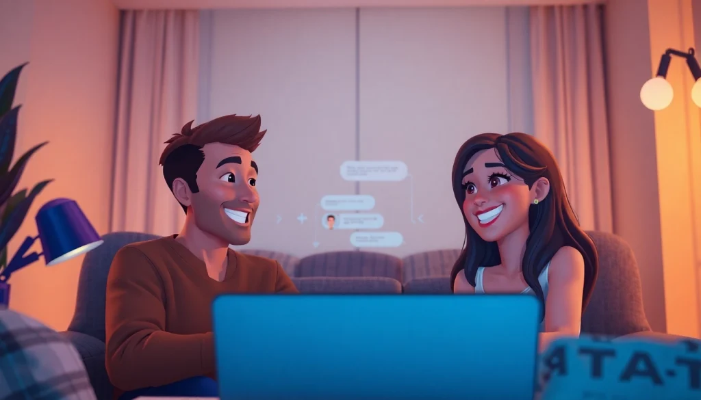 Engaging interaction in ai sex chat free with animated characters in a warm, digital setting.
