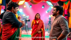 Dynamic Bollywood scene with actors and vibrant set linked to https://theopinionatedindian.com reflecting entertainment.