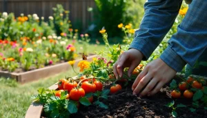 Gardening expert nurturing vibrant plants in a colorful backyard garden.