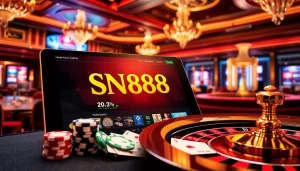 Experience high-stakes gaming with the SN888 online casino, showcasing vibrant chips and classic table games.