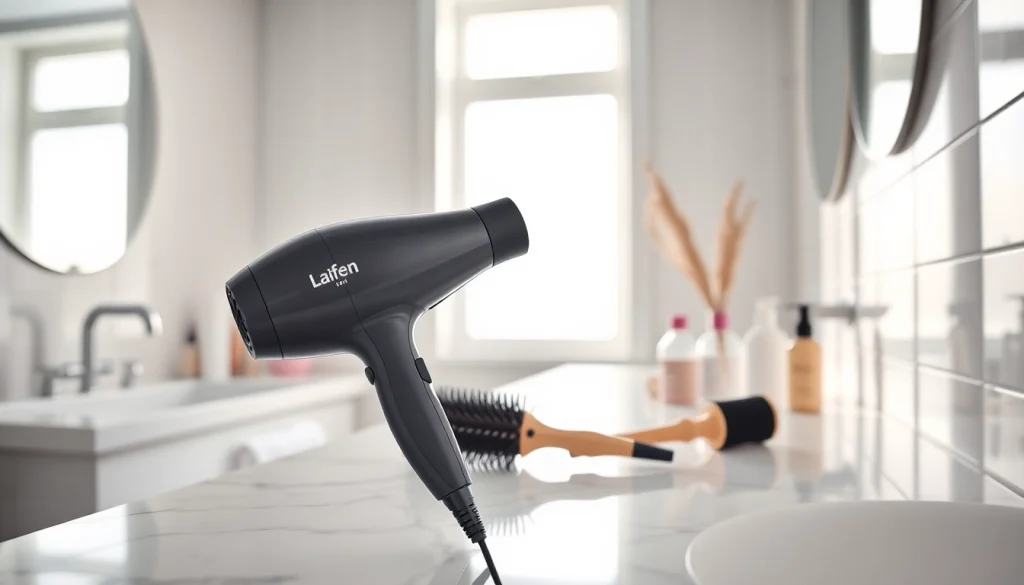 Effortlessly style hair with the laifen swift hair dryer, showcasing its sleek design and accessories.