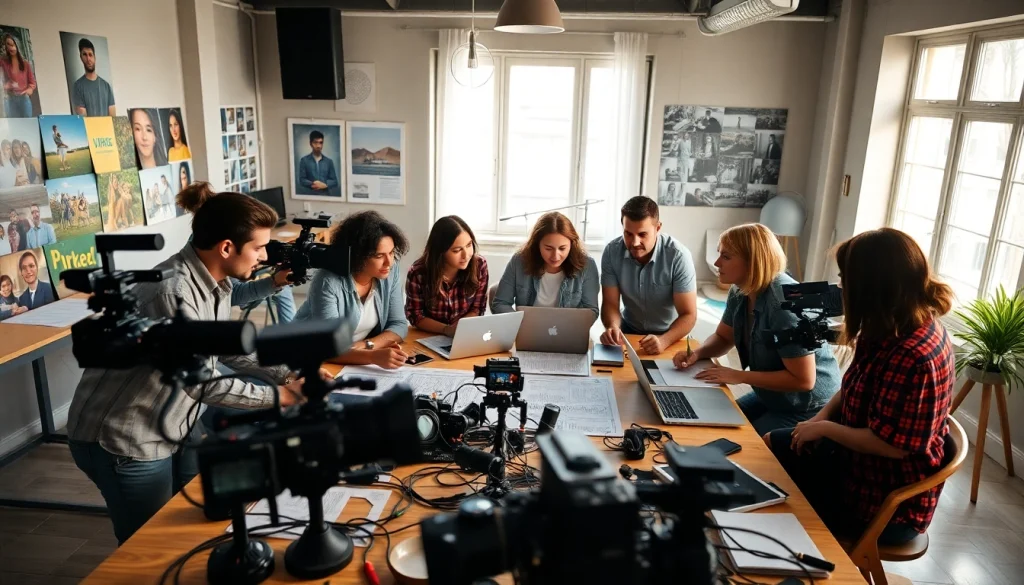 Collaborative atmosphere of a Creative Video Production Agency team brainstorming innovative video ideas.
