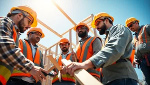 Careers in construction featuring diverse workers collaborating on a building site.