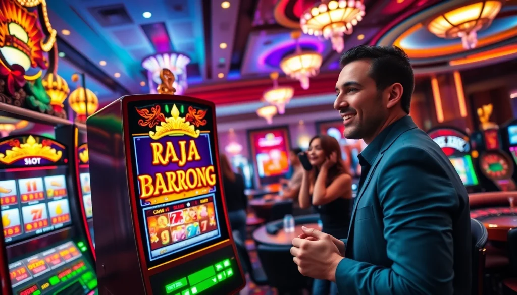 Engaged players enjoying the exciting Raja Barong slot machine in a vibrant casino atmosphere.