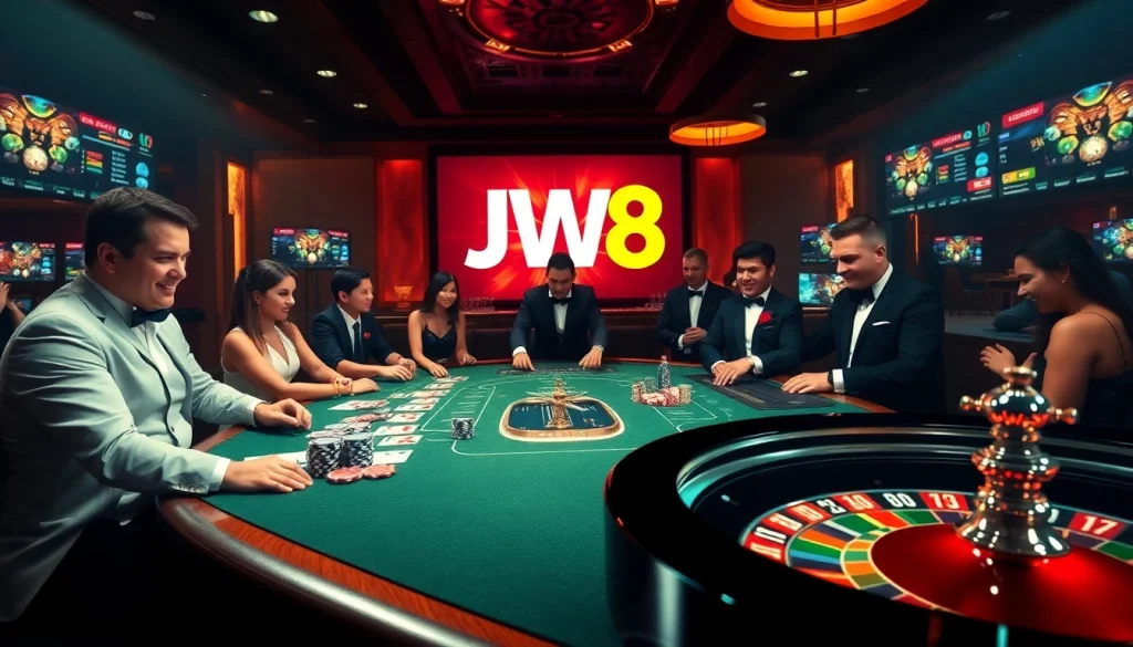 Players enjoy thrilling games at JW8's luxurious online casino tables with vibrant action.