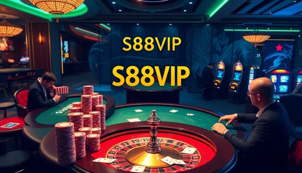 S88VIP casino scene featuring exciting slots, poker tables, and roulette, showcasing online gaming luxury.