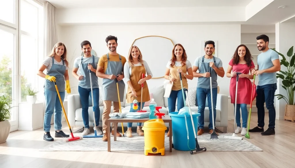 Efficient cleaning service team professionally tidying a bright living room, showcasing teamwork and cleanliness.